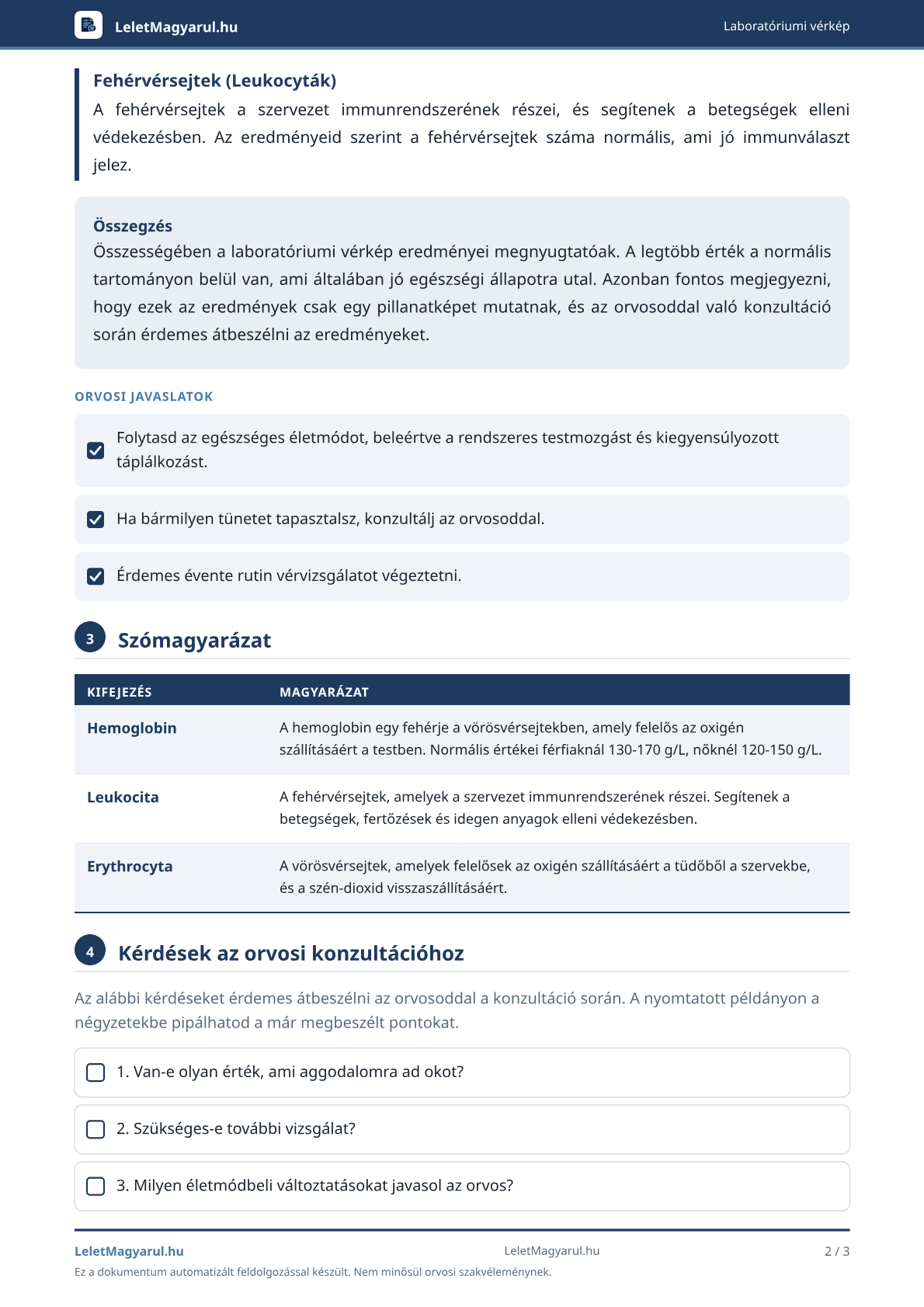 Minta magyarázat 2. oldala: megállapítások, szómagyarázat és orvosi kérdések